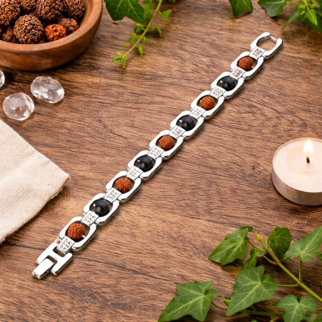 Metal Rudraksha and Karungali Bracelet