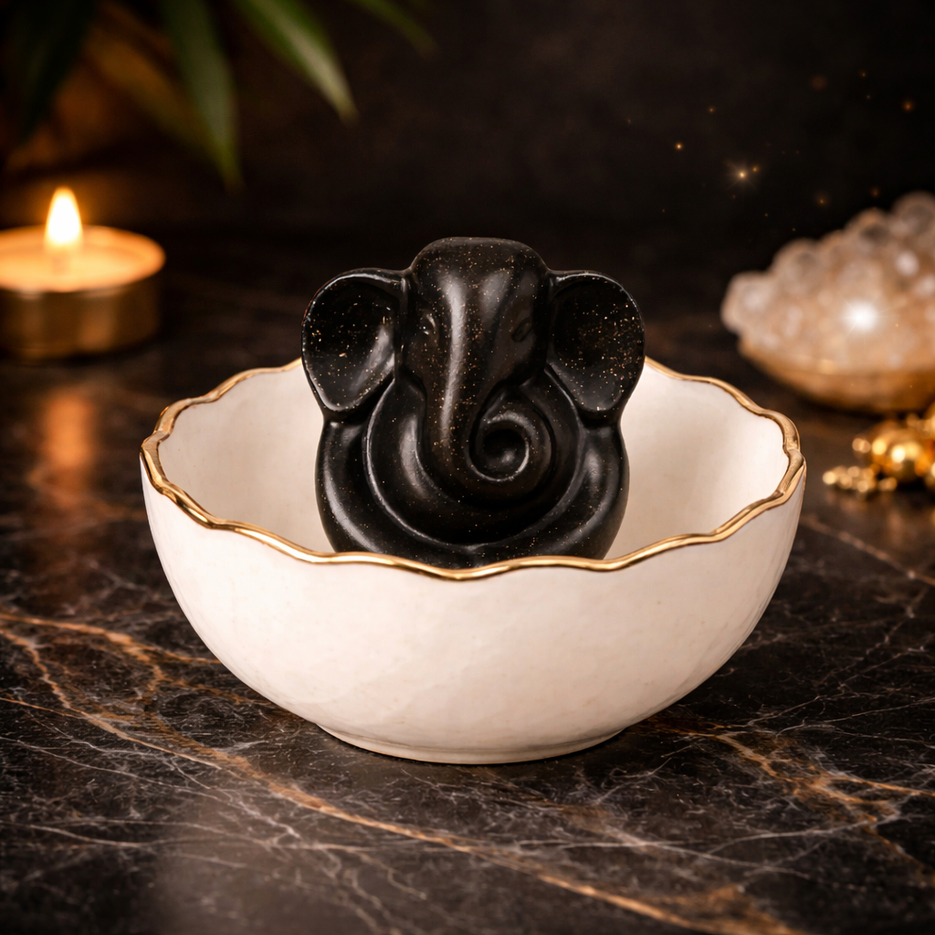 Selenite Money Bowl with Pyrite Ganesh Ji Idol